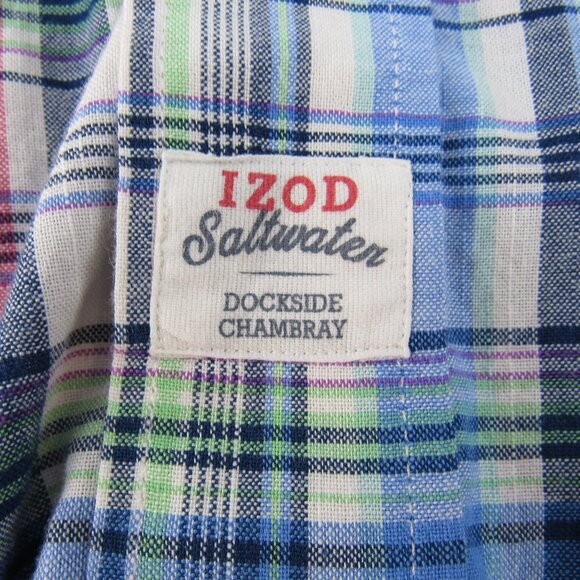 IZOD Saltwater Dockside Blue Plaid Chambray Short Sleeve Button Up Shirt 2XL - Picture 10 of 12